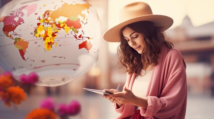 One young European woman in a stylish hat using a smartphone, with a blurred world map in the background, suggesting themes of travel and global connectivity

Concept: travel, technology, connectivity