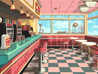 A retro diner with pink and blue accents. The diner is empty.