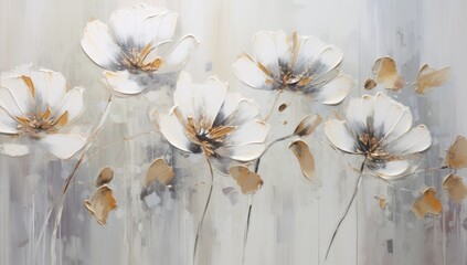 A painting of three white flowers with gold accents. The flowers are arranged in a row, with the middle one slightly larger than the others. The painting has a serene and calming mood