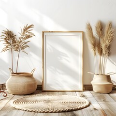 An empty frame mockup in a white room with a wooden floor.
