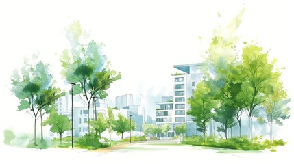 Urban oasis: eco-architecture concept art with lush gardens and industrial design