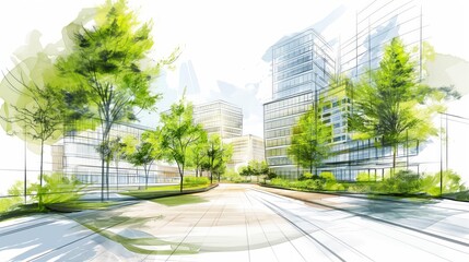 Urban oasis: high-resolution sketch of eco-architecture with lush gardens and industrial design