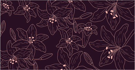 Set of vector background with hand draw pink gold solhouettes of lotus flower and leaves.