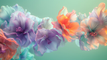 3D rendering. Delicate and colorful flowers on a pastel background.