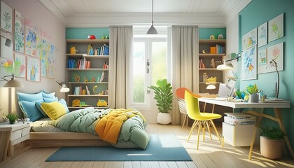 Toddler's bedroom with space for toys and study, created with generative AI
