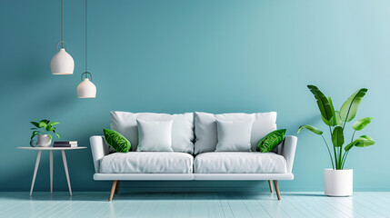 Living room with blue walls and white sofa, in the style light cyan, minimalist backgrounds, Modern living room with white sofa and blue wall,Interior of modern living room with blue wall and sofa 3D 