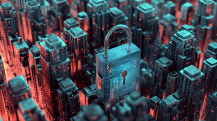 Luminous 3d blue padlock canvas with precious textures in urban setting