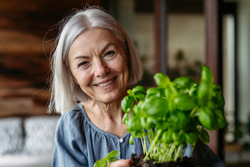 Portrait of beautiful mature woman taking care of plants on balcony. Spending free weekend at home.