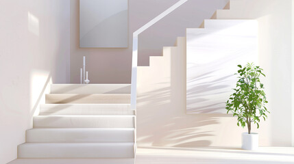Scandinavian design staircase with clean lines, pale wood steps, and a simple white railing, complemented by minimalist art.