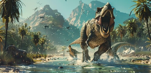 dinosaurs running through the water in front of tropical jungle.