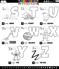 educational cartoon alphabet set from S to Z color book page