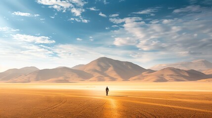 The image shows a vast desert landscape with a man walking alone on a dirt road towards large sand dunes under a blue sky with clouds. - Powered by Adobe