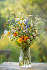 Fototapeta premium Assorted wildflowers arranged in a transparent glass vase, exuding natural beauty and charm. Perfect for floral arrangements, interior decor, or springtime imagery. 