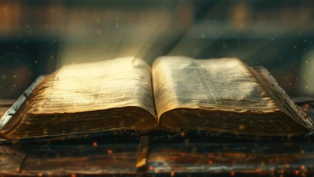 Animation of an open old book with rays of light and glow particles