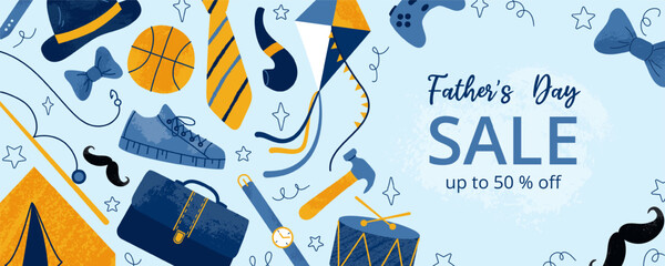 Obraz premium Sale horizontal banner with grunge textured male stuff and typography on blue background for Happy Father's Day. Trendy design for poster, background, advertisement