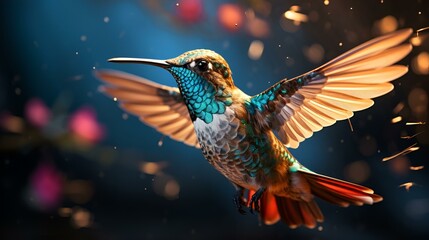 A hummingbird in flight with spread wings.