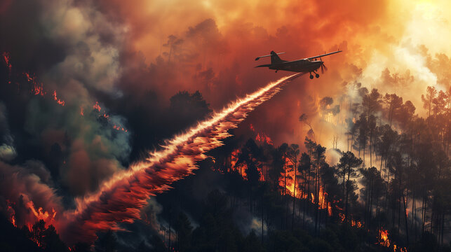 Natural Disaster: helicopter extinguishes forest fire, Flames. firefighting, A battle from the air