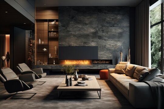 Elegant contemporary living room design featuring a sleek fireplace, comfortable furnishings, and ambient lighting