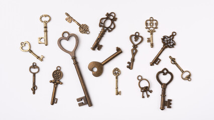 Collection of decorative vintage keys made of copper or bronze