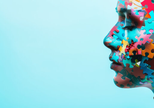 World Autism Awareness Day banner, portrait of a  woman face and multicolored color puzzle	