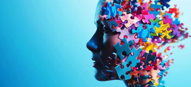 World Autism Awareness Day banner, portrait of a  woman face and multicolored color puzzle	