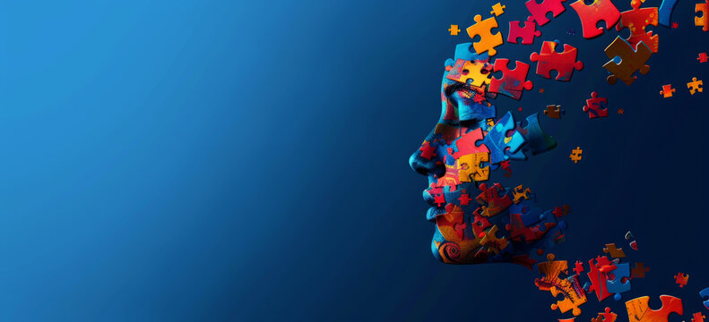 World Autism Awareness Day banner, portrait of a  woman face and multicolored color puzzle	 - Powered by Adobe