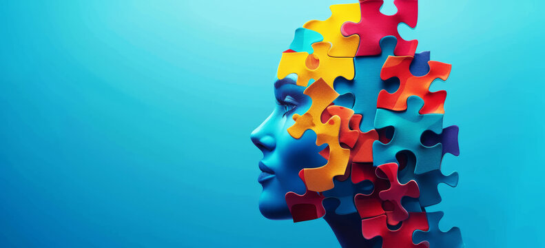 World Autism Awareness Day banner, portrait of a  woman face and multicolored color puzzle	