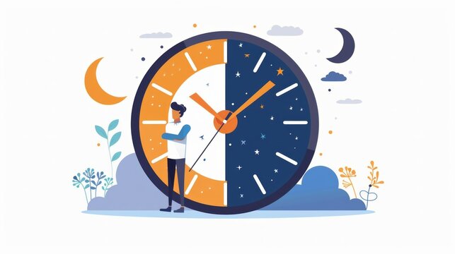 Person near clock, changing day and night circle, day and might routine, circadian rhythm, time for rest and work concepts