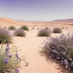 desert background in Najd spring season, with Some beautiful desert grasses and a few lavender blooms