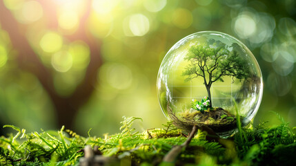 plant in a glass sphere represents the functionality of a closed ecosystem, concept for environmental protection , created with generative AI technology