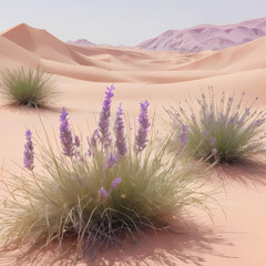 desert background in Najd spring season, with Some beautiful desert grasses and a few lavender blooms