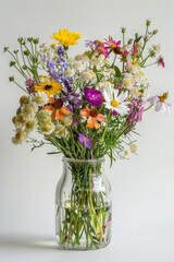 Obraz premium Assorted wildflowers arranged in a transparent glass vase, exuding natural beauty and charm. Perfect for floral arrangements, interior decor, or springtime imagery. 
