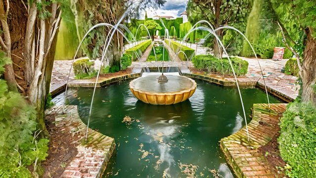 fountain in the famous avenue of cypress trees, Generalife gardens near Alhambra complex, Granada, Andalucia, Spain, one of the most beautiful in the world and is a Unesco heritage. Cinemagraph