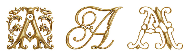 Letter A ornate golden decorative drop cap initials isolated on transparent background. 3D rendering