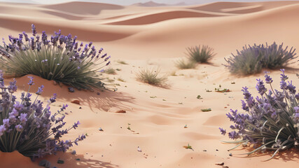 desert background in Najd spring season, with Some beautiful desert grasses and a few lavender blooms