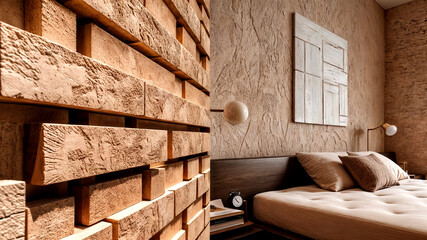 3D render of a contemporary bedroom with a close-up view of the beige stucco wall.