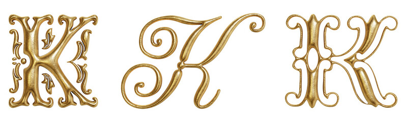 Letter K ornate golden decorative drop cap initials isolated on transparent background. 3D rendering