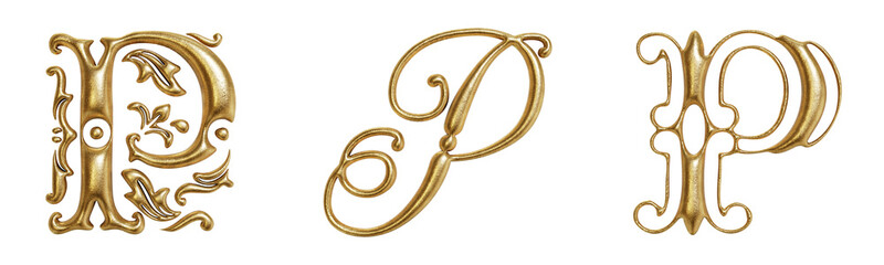 Letter P ornate golden decorative drop cap initials isolated on transparent background. 3D rendering