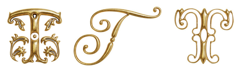 Letter T ornate golden decorative drop cap initials isolated on transparent background. 3D rendering