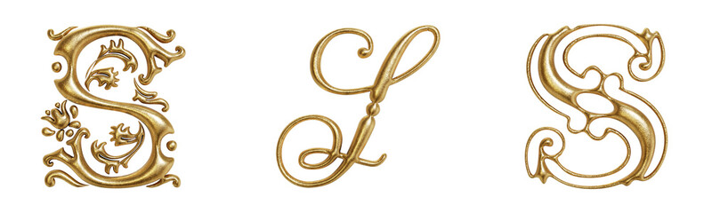 Letter S ornate golden decorative drop cap initials isolated on transparent background. 3D rendering