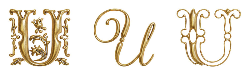 Letter U ornate golden decorative drop cap initials isolated on transparent background. 3D rendering