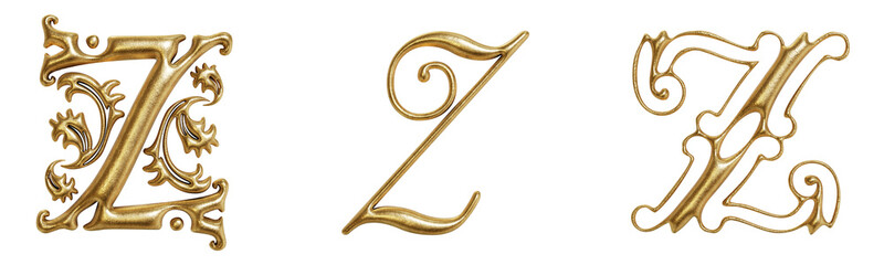 Letter Z ornate golden decorative drop cap initials isolated on transparent background. 3D rendering