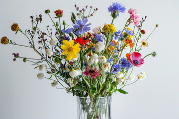 Assorted wildflowers arranged in a transparent glass vase, exuding natural beauty and charm. Perfect for floral arrangements, interior decor, or springtime imagery. 