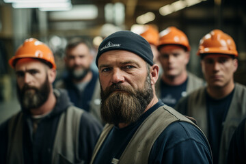 Obraz premium Generative AI picture Portrait of construction worker wearing a protective safety uniform clothes helmet at big building