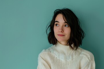 Fototapeta premium A woman with short hair and a white sweater is looking at the camera