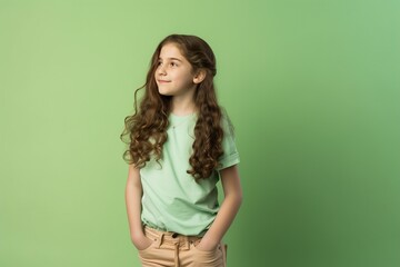 Fototapeta premium A girl with long hair is standing in front of a green wall