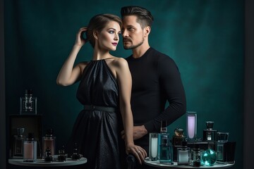 A man and a woman are standing in front of a table full of perfume bottles