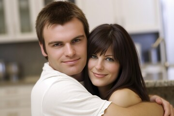 Fototapeta premium A man and a woman are hugging each other in a kitchen