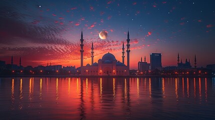 Stunning Sunset Over Islamic Mosque with Reflective Water and Moonrise