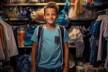 Obraz premium A young boy is standing in a closet with a backpack on